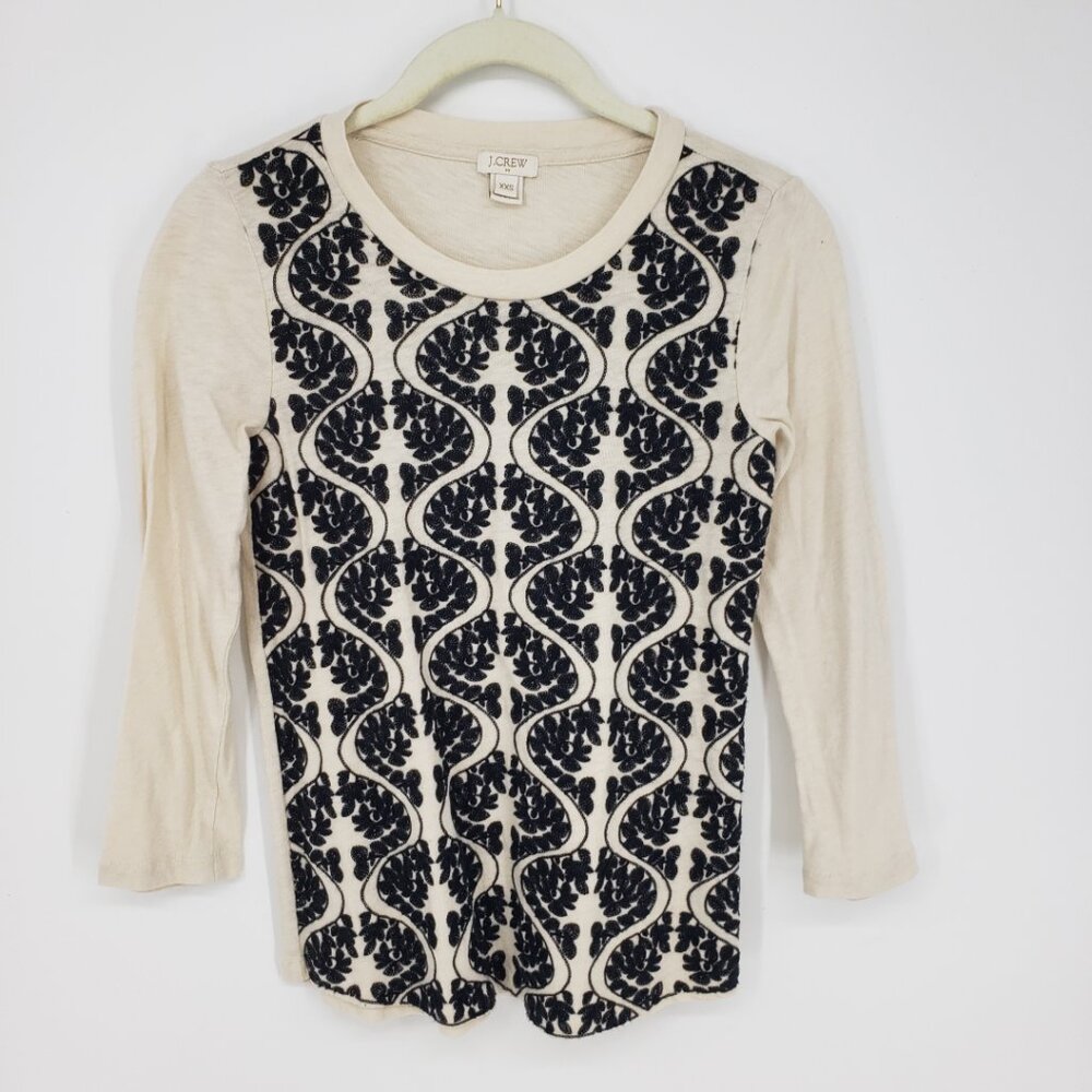 3/$25 J. Crew Floral Embroidered 3/4 Sleeve Top XXS Womens Cotton Cream